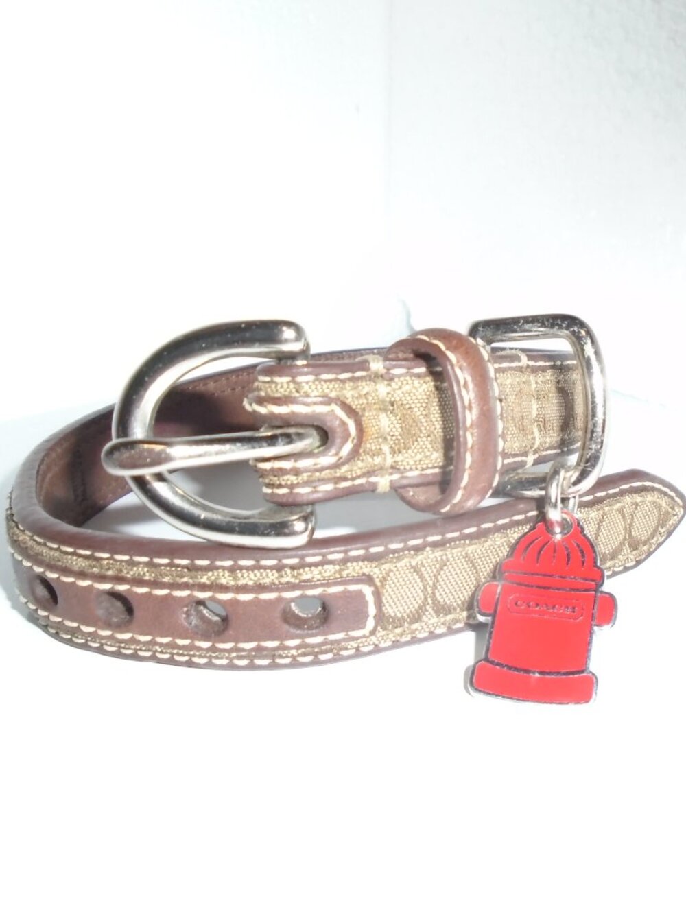 COACH BROWN LEATHER BROWN JACQUARD SIGNATURE C DOG PET COLLAR 60178 SIZE SMALL